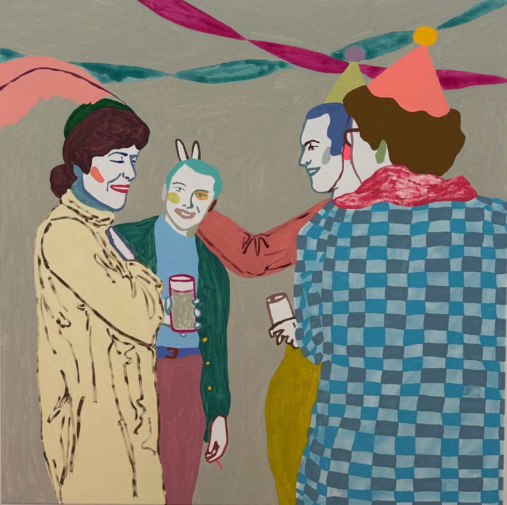 party scene with streamers in background two men on the right both wearing party hats, one doing bunny ears to one of the two individuals standing on the left all individuals smiling and laughing