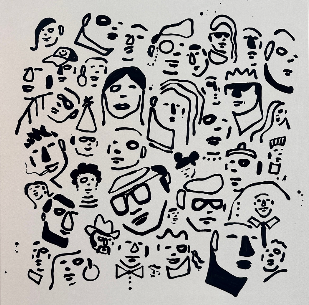 30 different motif style faces painted in black in white, inspired by tribal artifacts and folk art