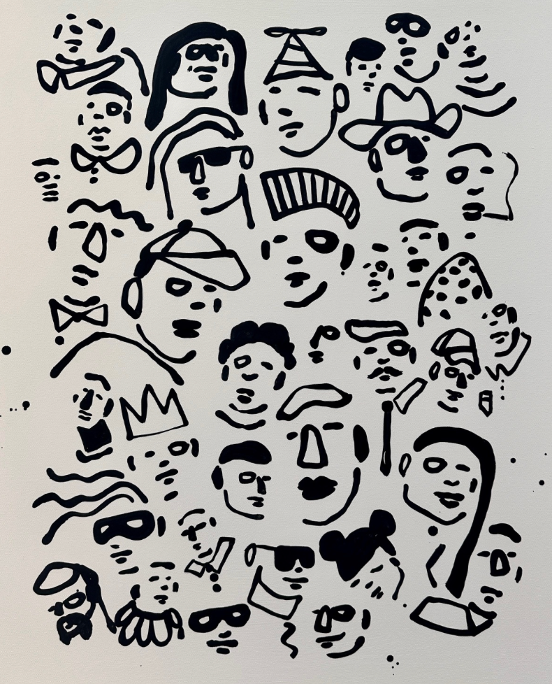 30 different motif style faces painted in black in white, inspired by tribal artifacts and folk art