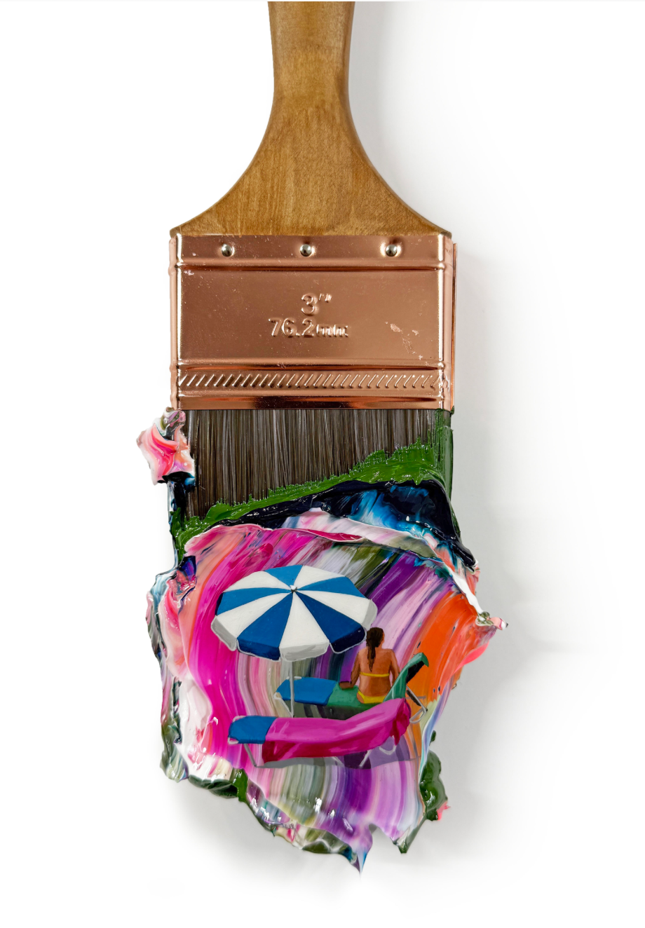 painted paint brush featuring a woman sitting under an umbrella with pink, purple, and blue background