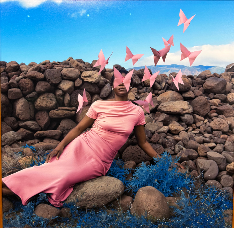 woman sitting on hill of rocks with pink dress and pink butterflies fluttering around