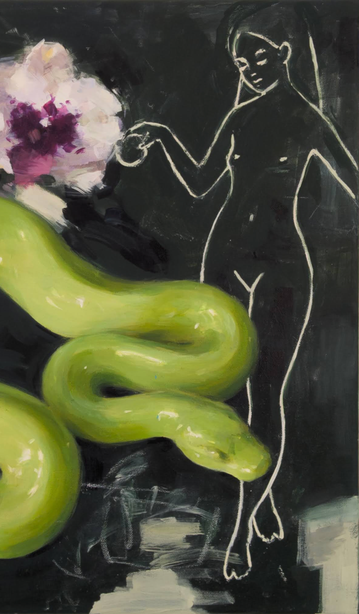realistic snake on black background with naked woman and orchid florals