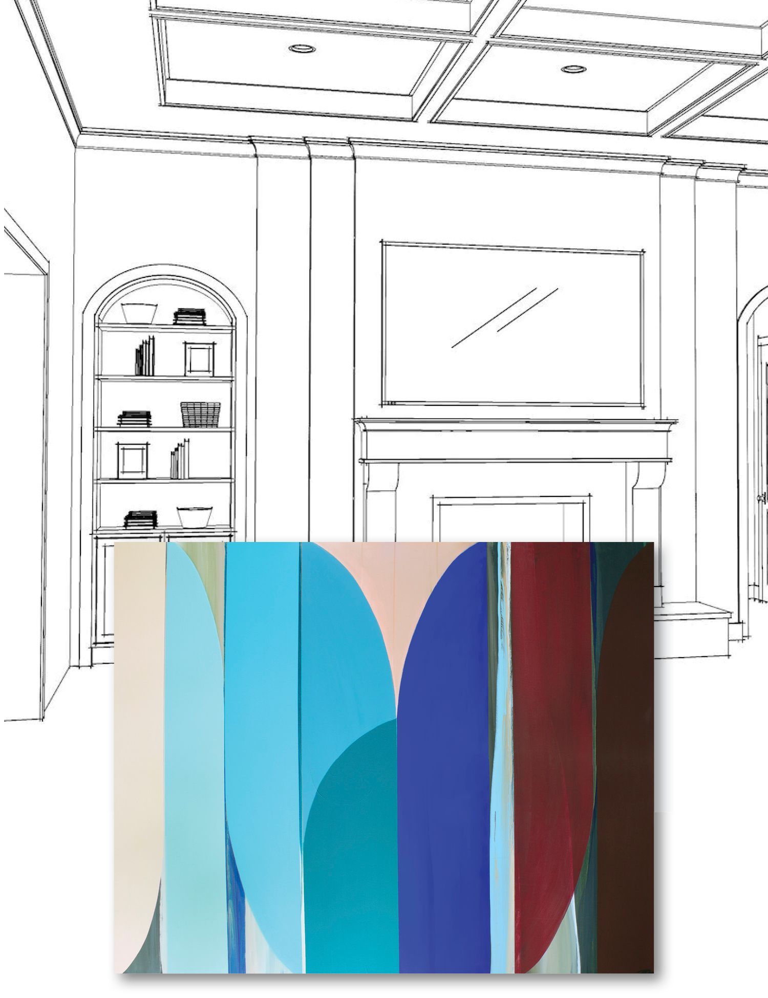 Living room fireplace sketch with Bethany Mabee art