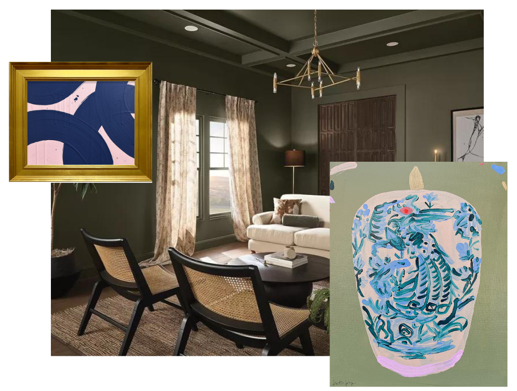 Photo courtesy of Dutch Boy Paints; Ron Giusti 'Mini Hebi Light Pink Navy'; Kathleen Jones 'Phoenix Rising IV'