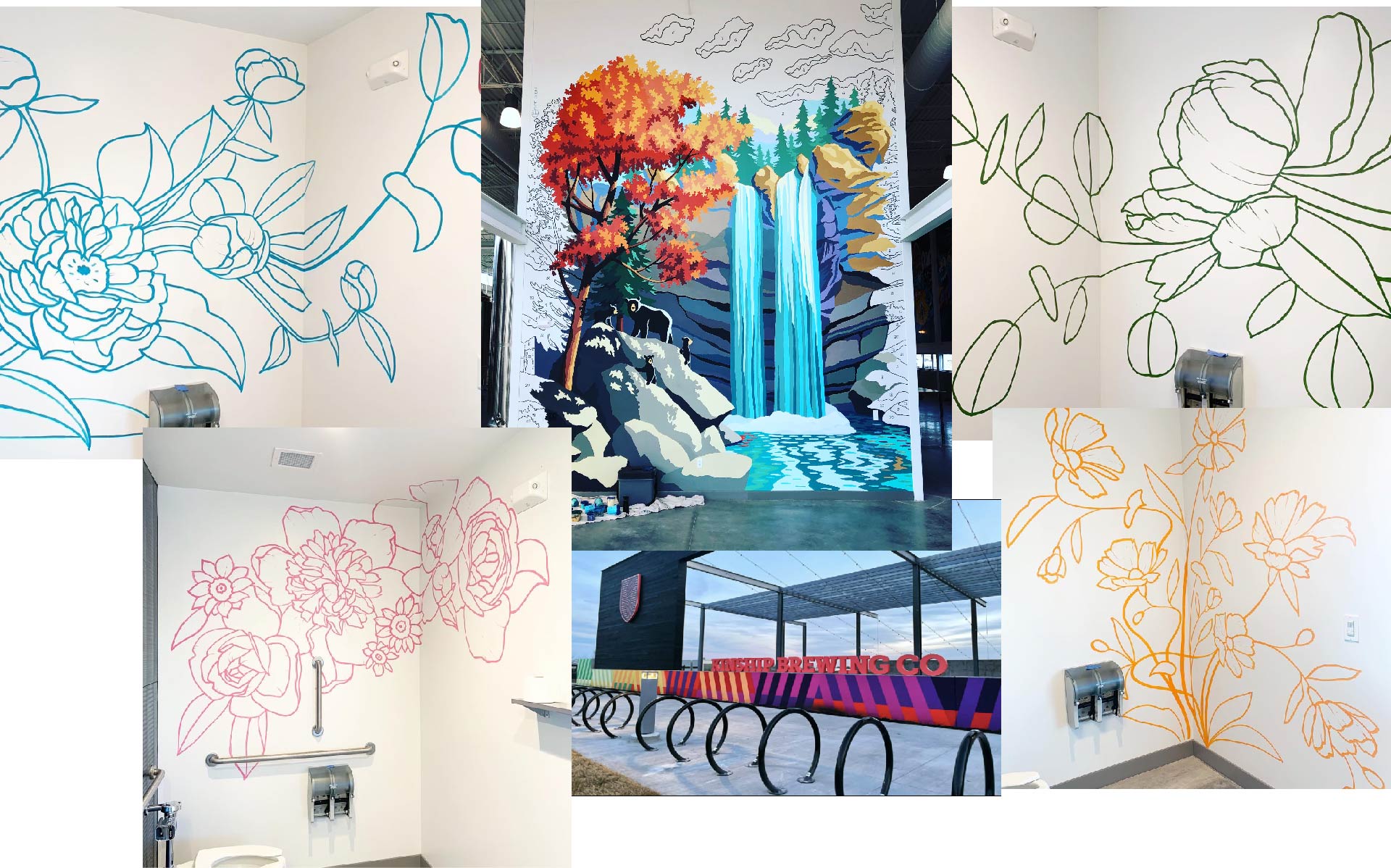 Collection of murals in Kinship Brewing by Tina Ehrlich, Jenna Brownlee and Curtis Poortinga