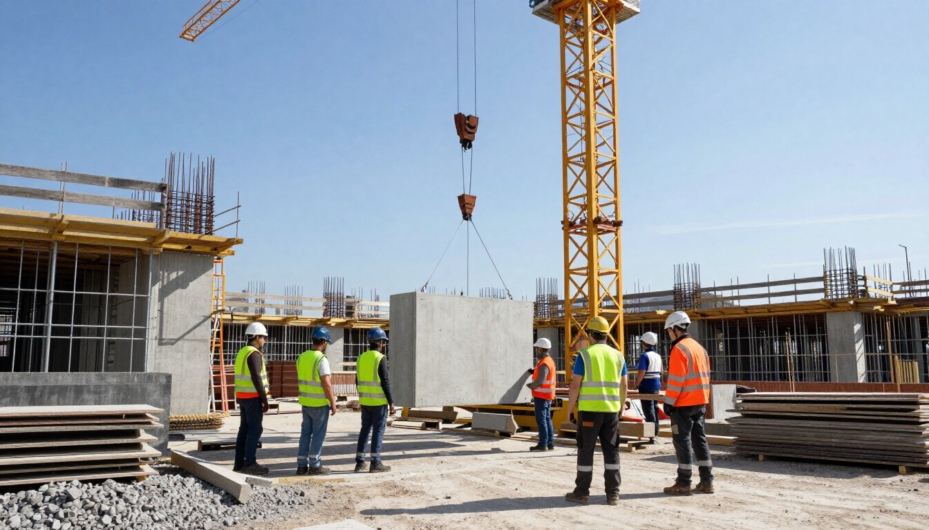 Grúa Titán en obra de construcción realizando maniobra con paneles de concreto