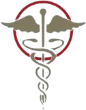 Un caduceo color tortora centrato all'interno di un sottile cerchio rosso scuro.