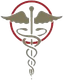 Un caduceo color tortora centrato all'interno di un sottile cerchio rosso scuro.