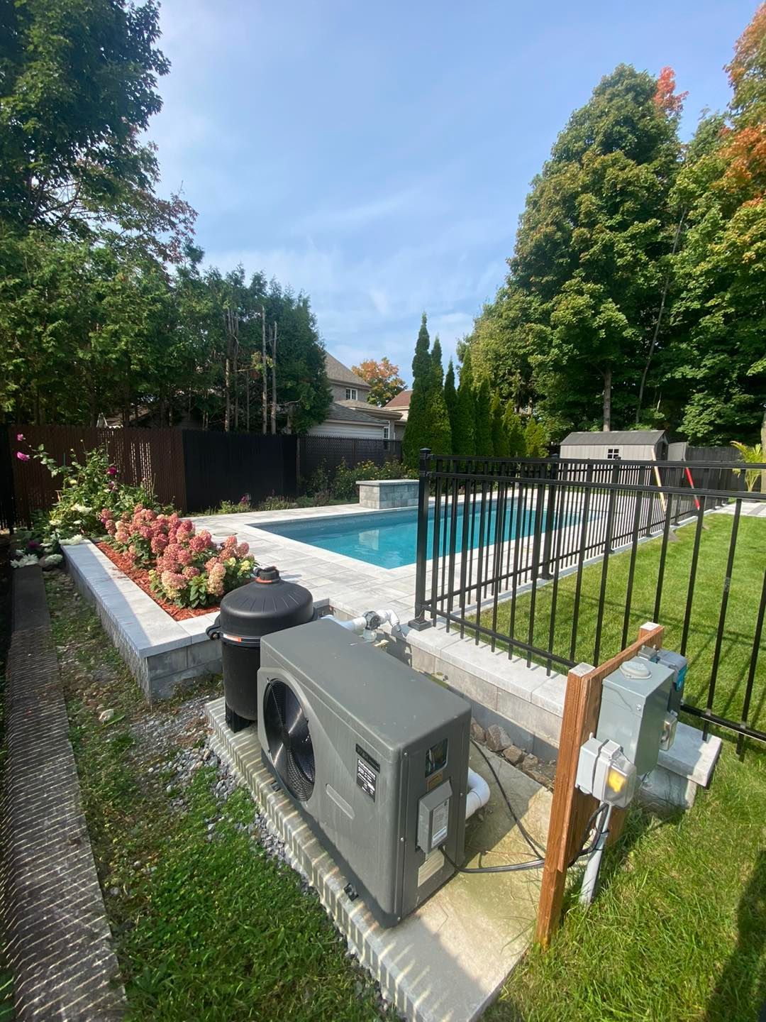 Piscine avec clôture noire, chauffage de piscine gris et aménagement paysager par une journée ensoleillée.
