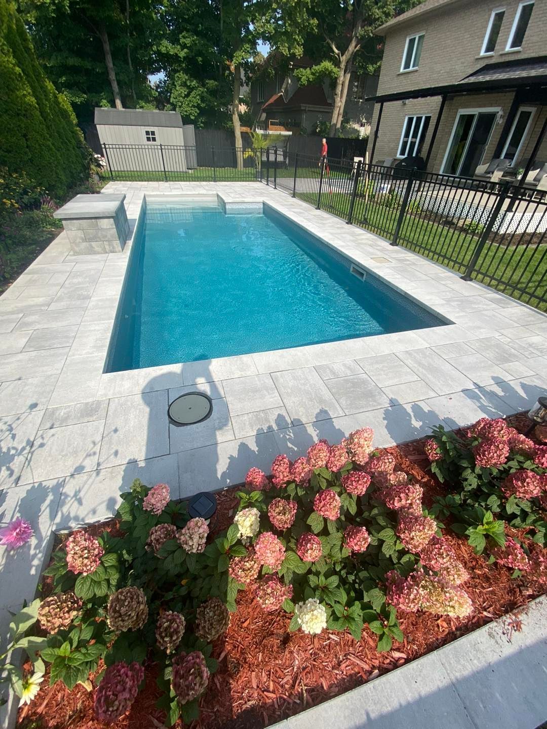 Piscine rectangulaire aux eaux turquoise, entourée de pavés gris clair et d'une clôture noire ; arbustes fleuris au premier plan.
