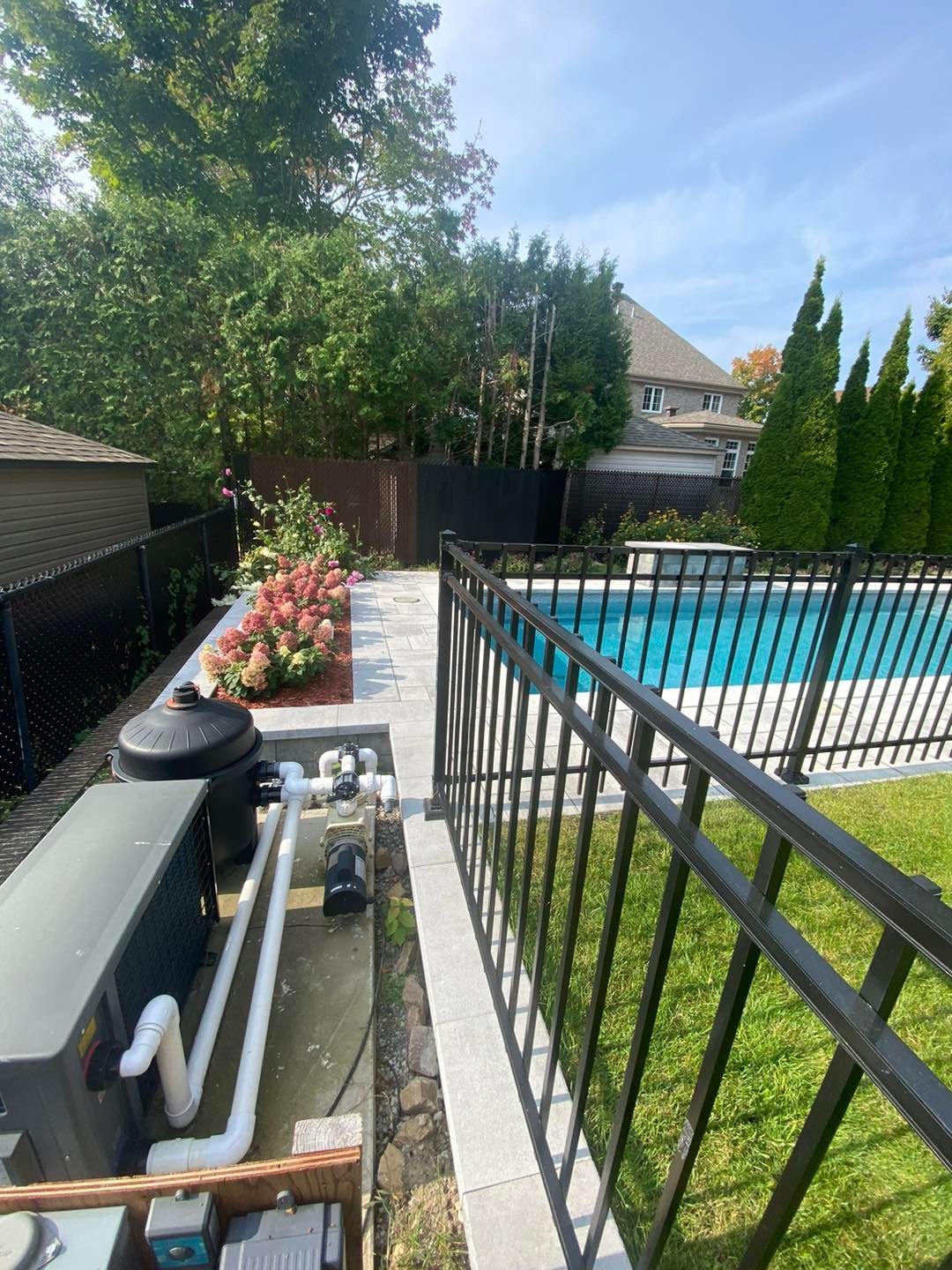 Jardin avec piscine, clôture noire, terrasse et équipements de piscine. Pelouse verdoyante et arbres. Ciel bleu.