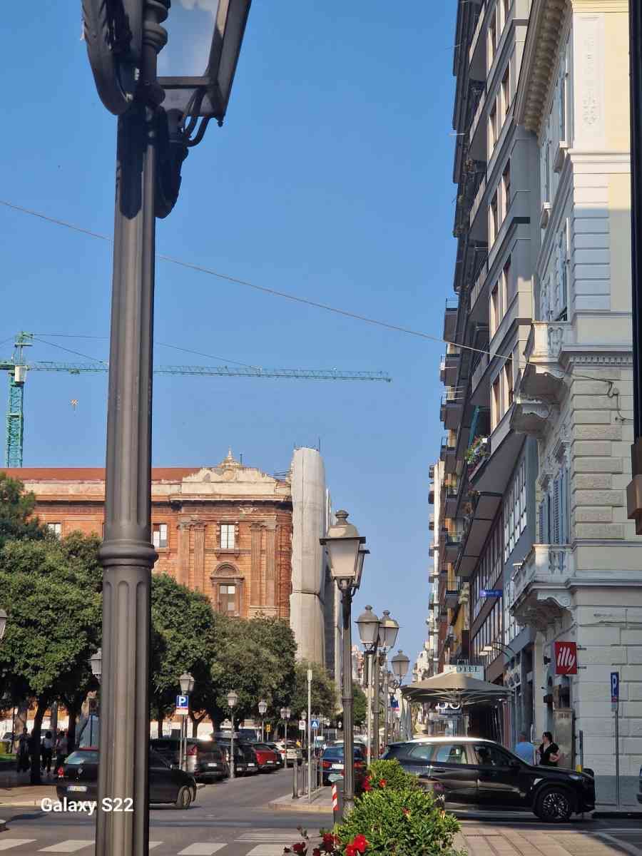 Una soleggiata strada cittadina con edifici storici, alti lampioni, auto parcheggiate e un cielo azzurro.