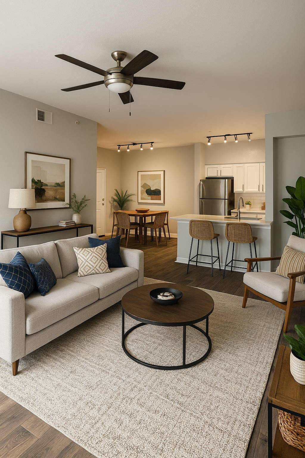 Living room with gray couch, round coffee table, and kitchen in the background.