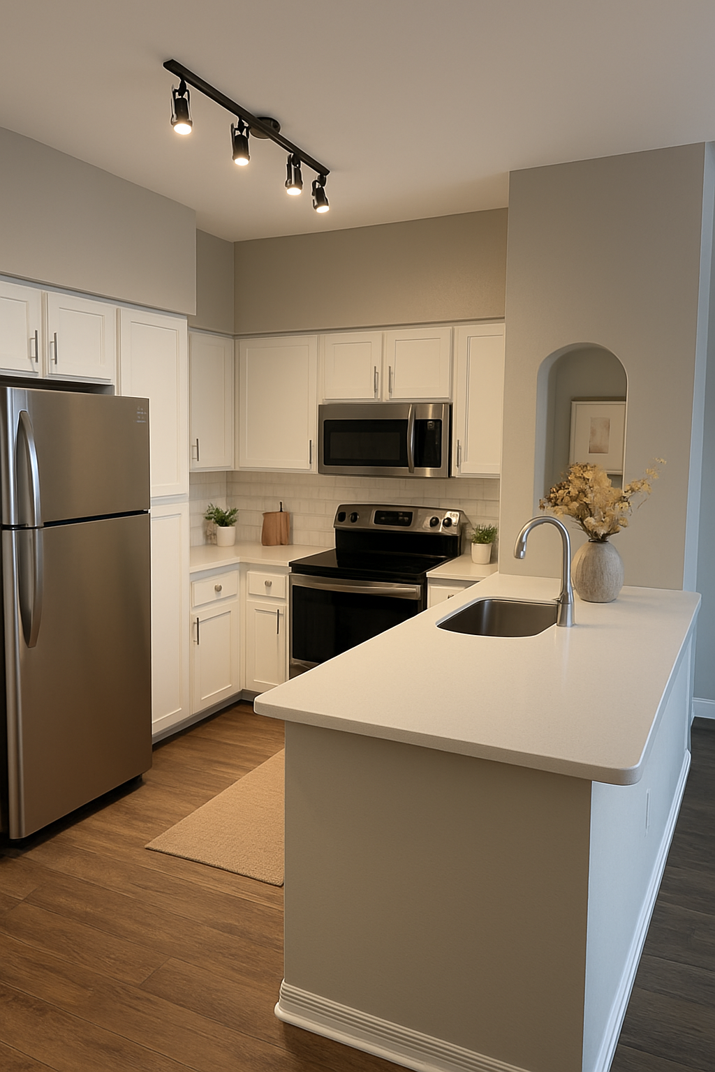 Modern kitchen with white cabinets, stainless steel appliances, and a light gray countertop and walls.