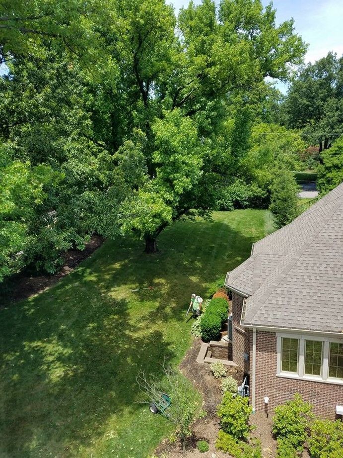 An aerial view of a brick house surrounded by trees and grass.