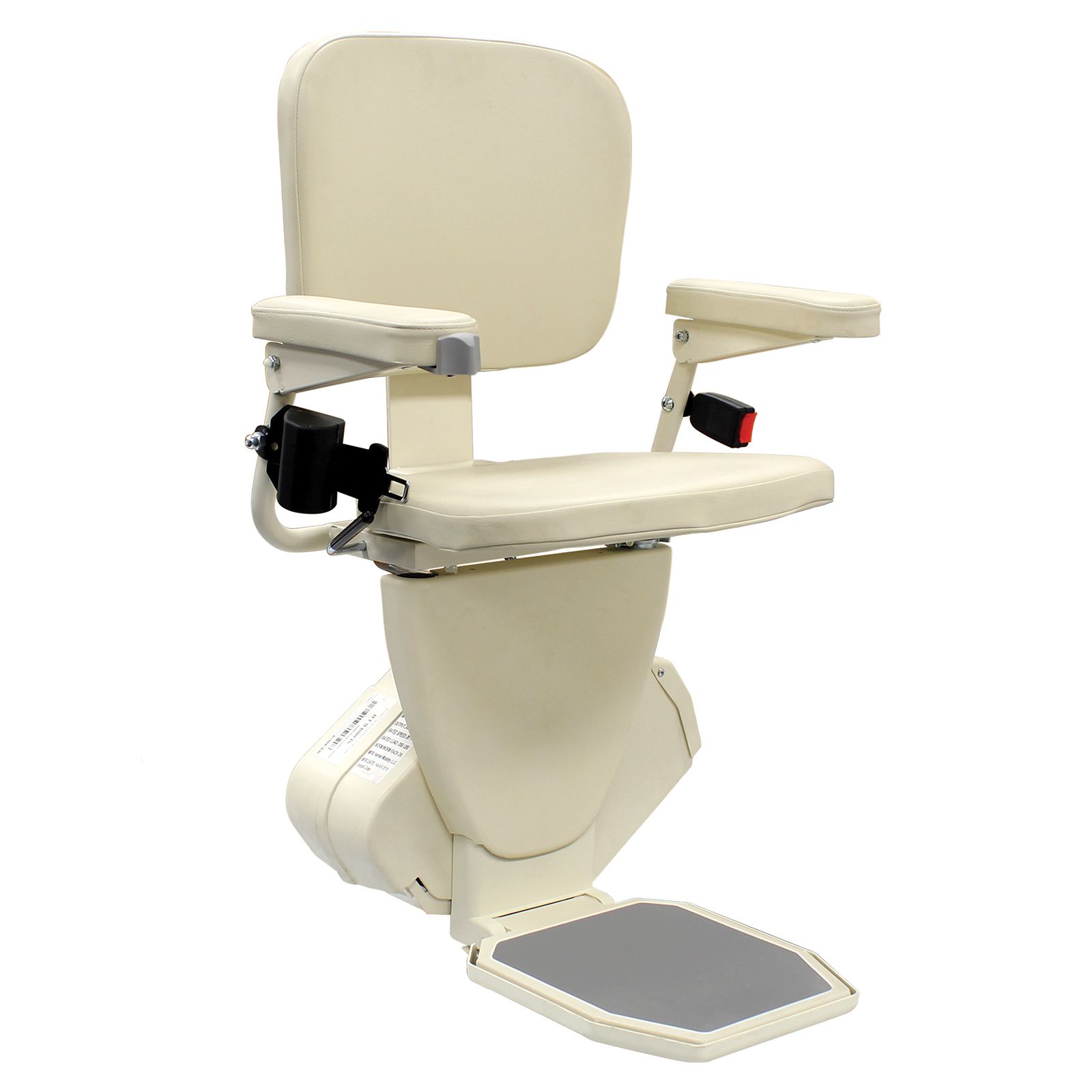 Beige wheelchair-mounted transfer seat with footrest and arm supports on a white background