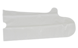 White disposable plastic glove or mitten-shaped bag on a plain background