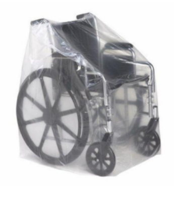 Wheelchair covered in a clear plastic rain cover