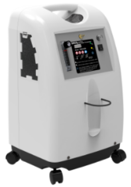 White wheeled medical machine with touchscreen display and handle on the front