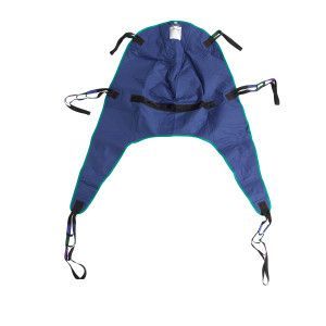 Blue full-body patient lift sling with straps on a white background