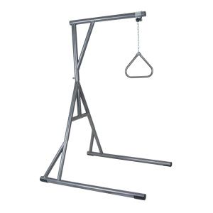 Portable patient lift with metal frame and hanging triangular handle