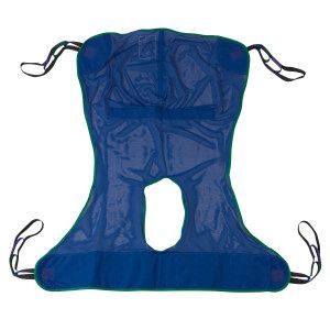Blue cushioned patient sling with leg opening and four corner straps