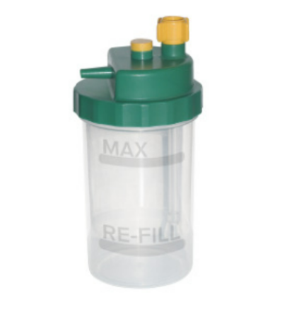 Small transparent plastic refill bottle with a green cap and yellow spout, labeled “MAX” and “RE-FILL”