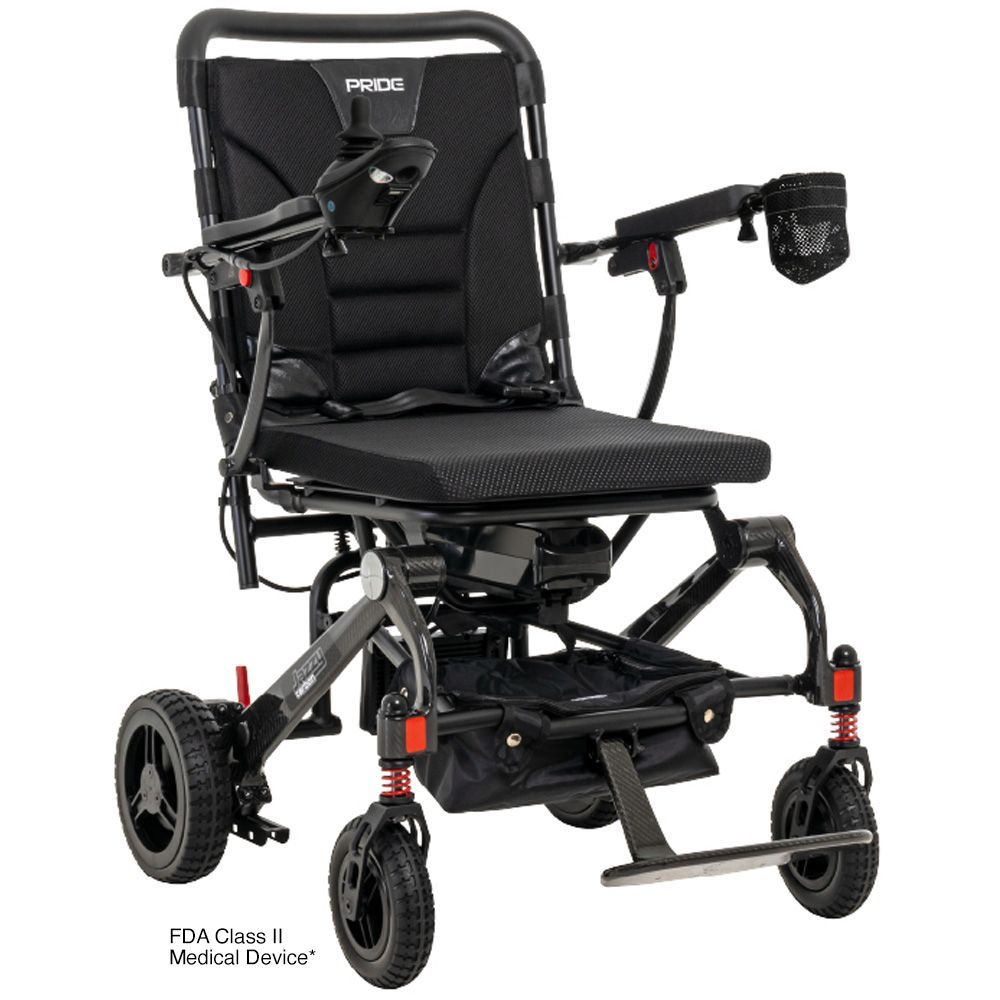 Black power wheelchair with padded seat, headrest, and front footplate on a white background