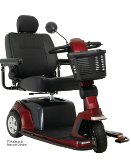 Red mobility scooter with black seat and basket on white background