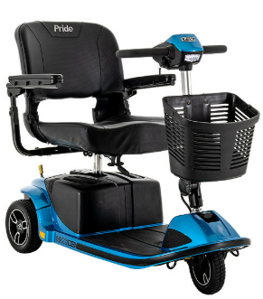 Blue Pride mobility scooter with black seat, basket, and three wheels on a white background