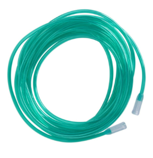 Coiled green oxygen tubing with gray connectors on a white background