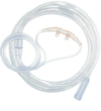 Clear oxygen nasal cannula coiled on a white background