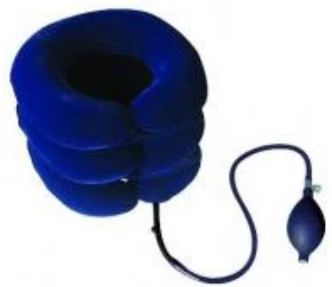 Blue inflatable medical leg wrap with attached hand pump and tubing