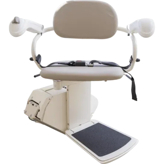 White mobility scooter seat with armrests, footrest, and control console on a compact base