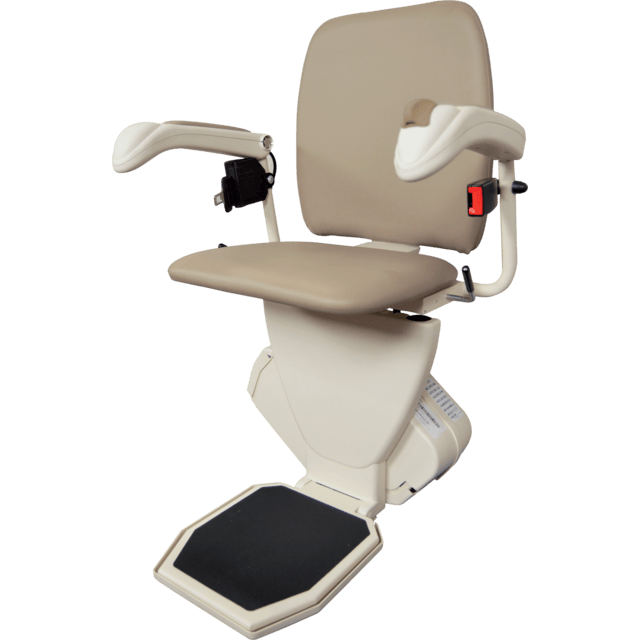 Beige stair lift chair with armrests and footrest on a white background