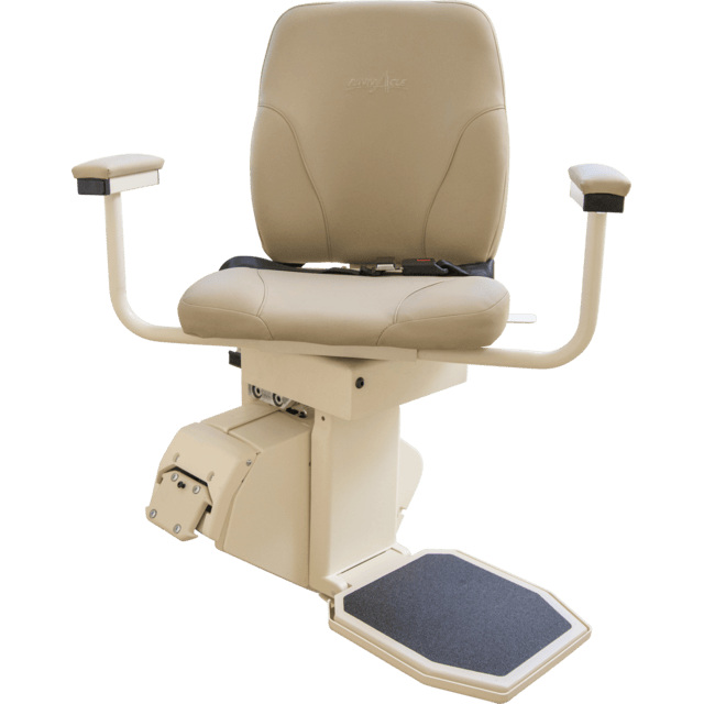 Beige stairlift chair with armrests and footrest on a white background