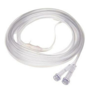 Clear plastic oxygen tubing coiled with two connector ends