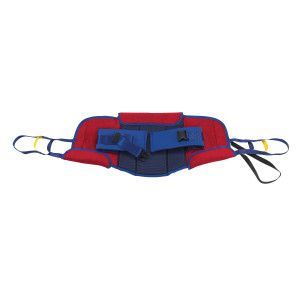 Red and blue waist support belt with side straps and handles on a white background