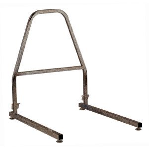 Metal U-shaped wheelbarrow handle frame with two long black support bars on a white background