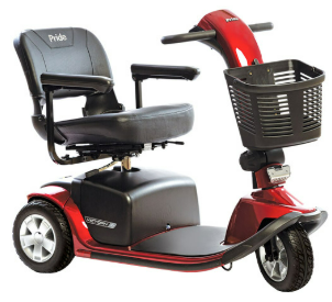 Red three-wheeled mobility scooter with black seat and front basket on a white background