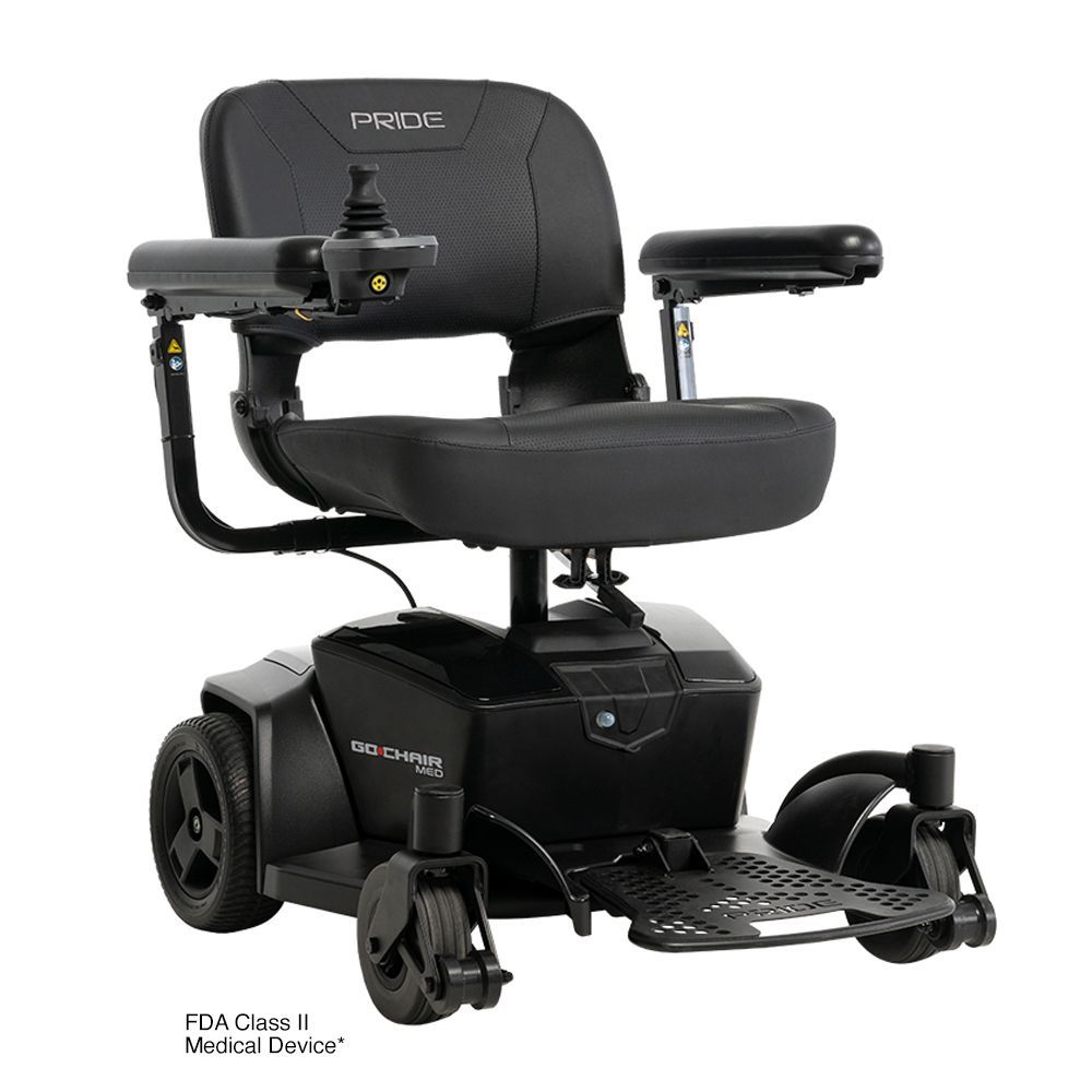 Black power wheelchair with padded seat, armrests, joystick control, and foot platform on white background