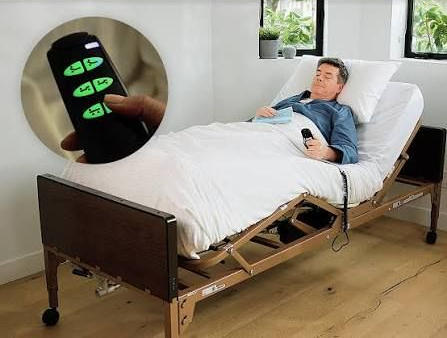 Adjustable hospital bed with lightweight sturdy components and wooden side rails in a showroom