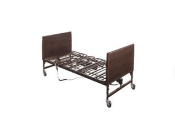 Hospital bed frame with side rails and caster wheels, isolated on white background