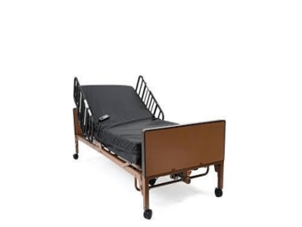 Hospital bed with black mattress, brown side rails, and wheels on a white background
