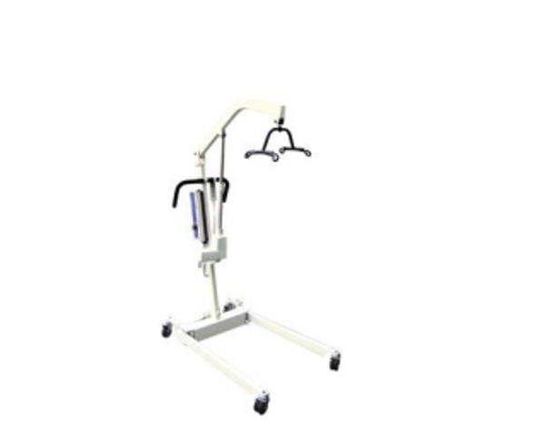 White medical patient lift hoist on wheeled base with black sling frame