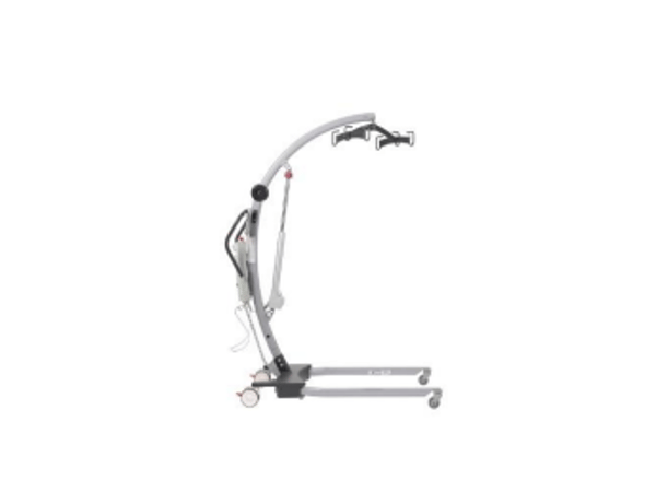 Patient transfer lift with wheeled base and suspended sling arm