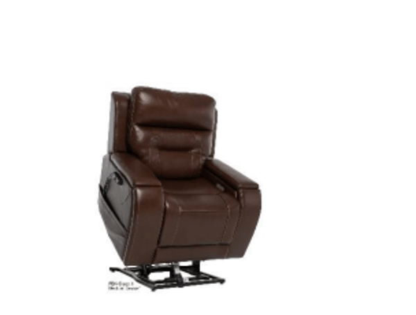 Brown leather reclining chair with power lift base and padded headrest on a white background