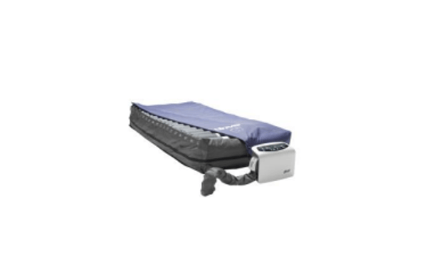 Folded blue-and-gray camping cot with a metal frame and carrying strap