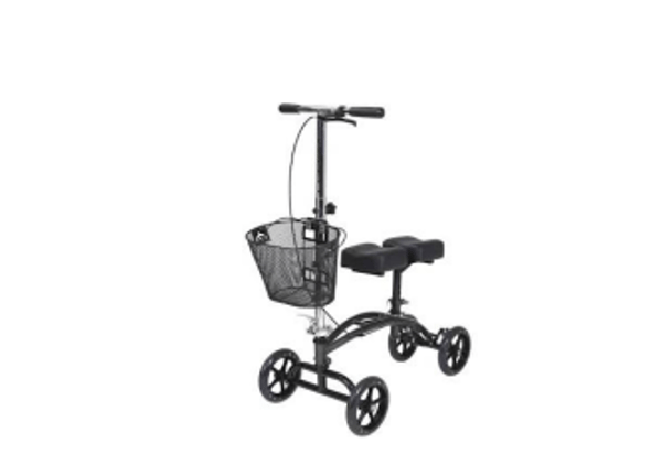 Black four-wheel walker with seat, basket, and handlebars on a white background