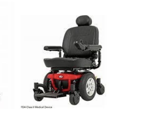 Black powered wheelchair with headrest, armrests, and red front base on a white background